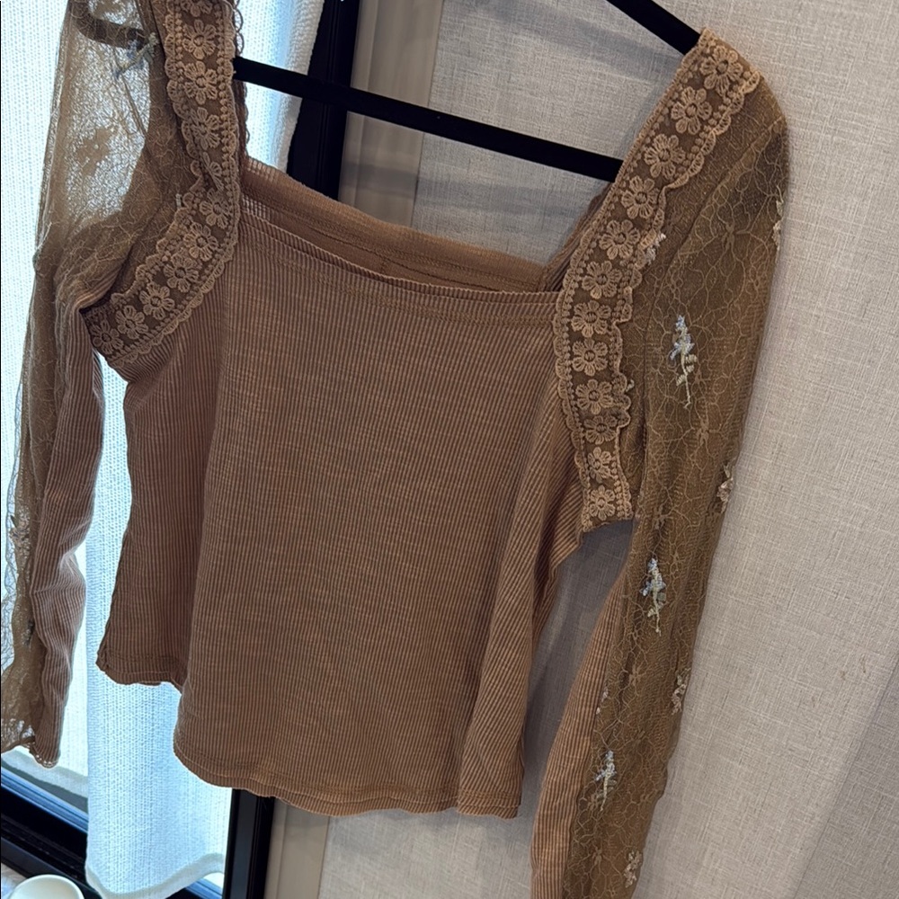 Trendy Boutique Tan Asymmetrical Embellished Long Sleeve Blouse